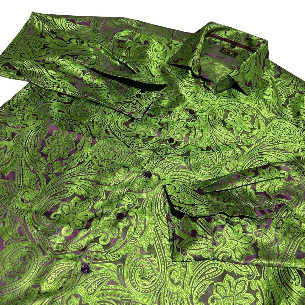 Barry Wang Button Down Mens XL Green Purple Paisley Silk Blend Formal Shirt